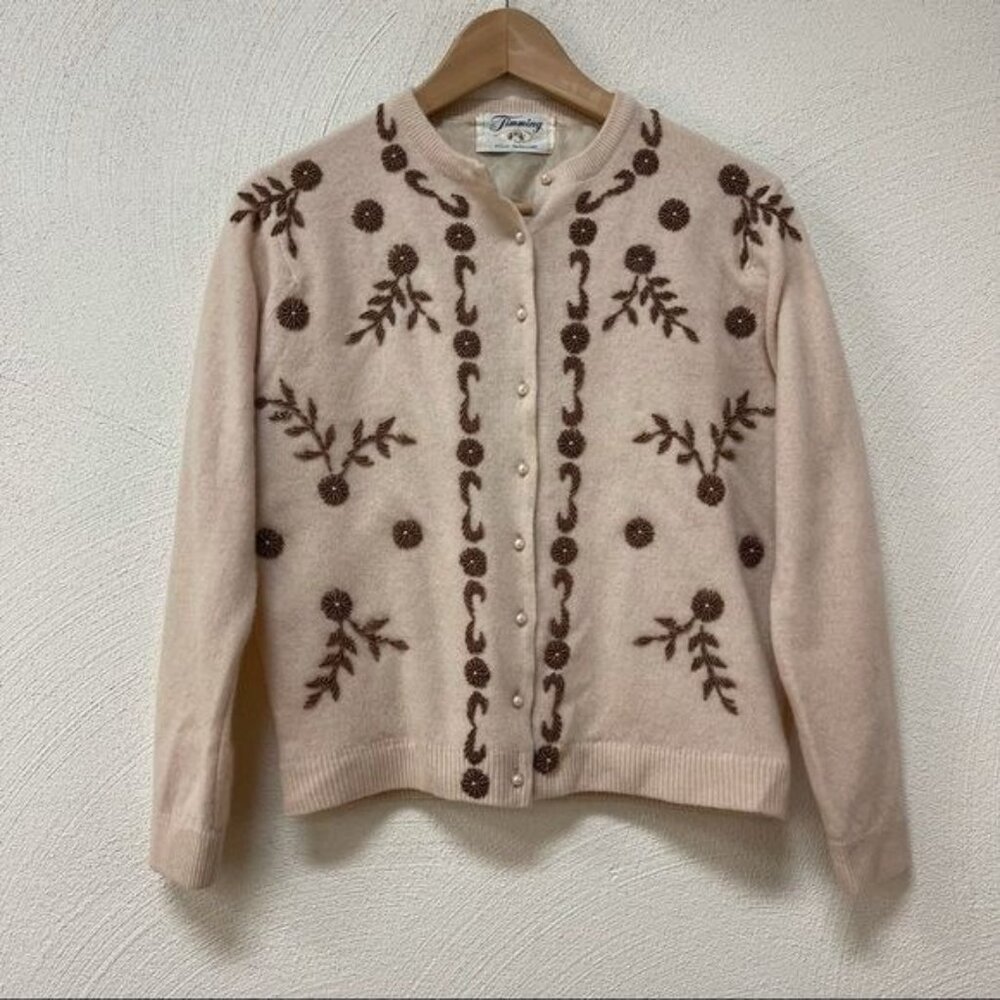 VTG 50's 'Timming' Flower Beaded Cardigan Sweater Retro Rockabilly Sz Small